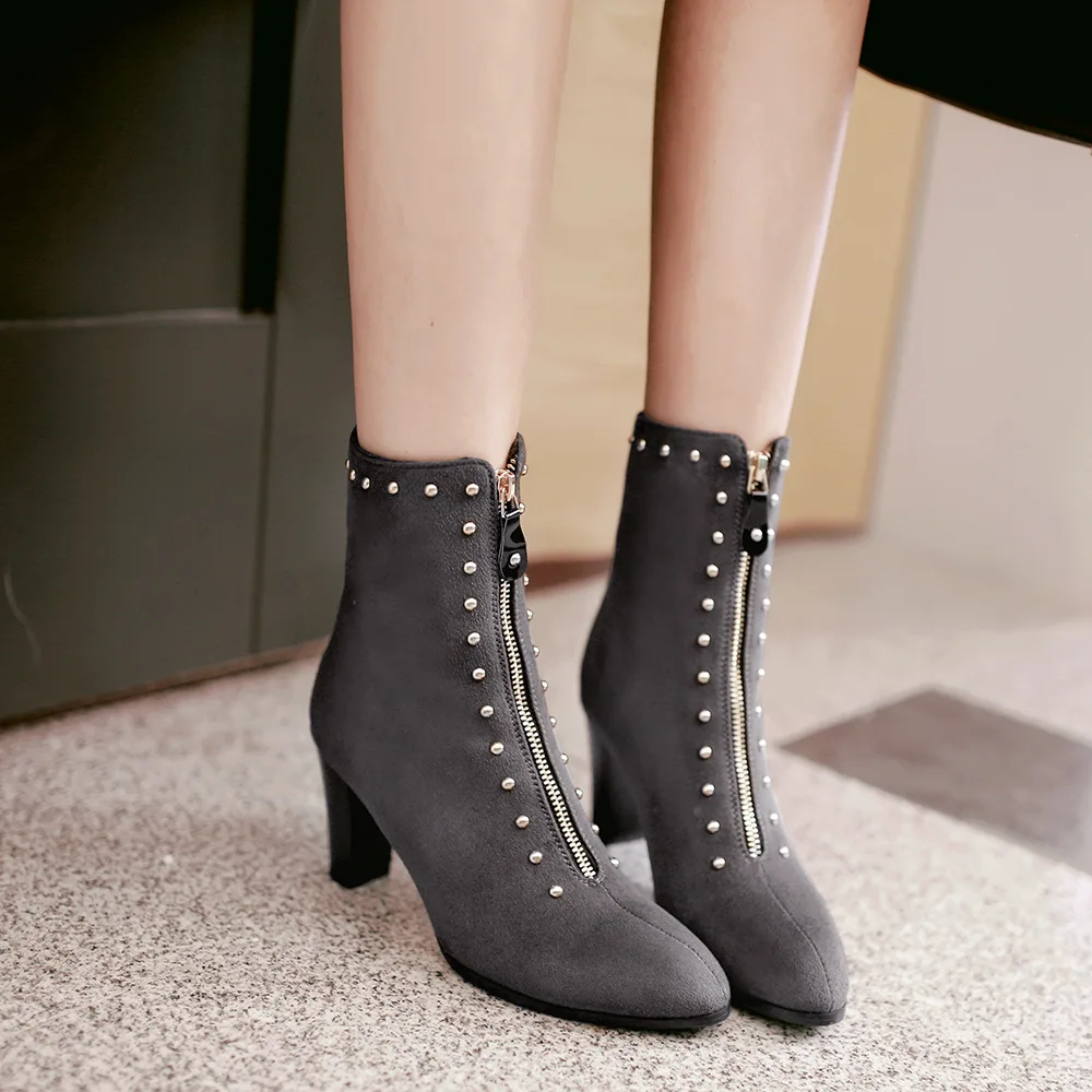 

2019 Winter Women's Boots Pointed Toe Rivet Ankle Boots Thick Heel High Heels Shoes Woman Female Socks Boots Women Winter Shoes
