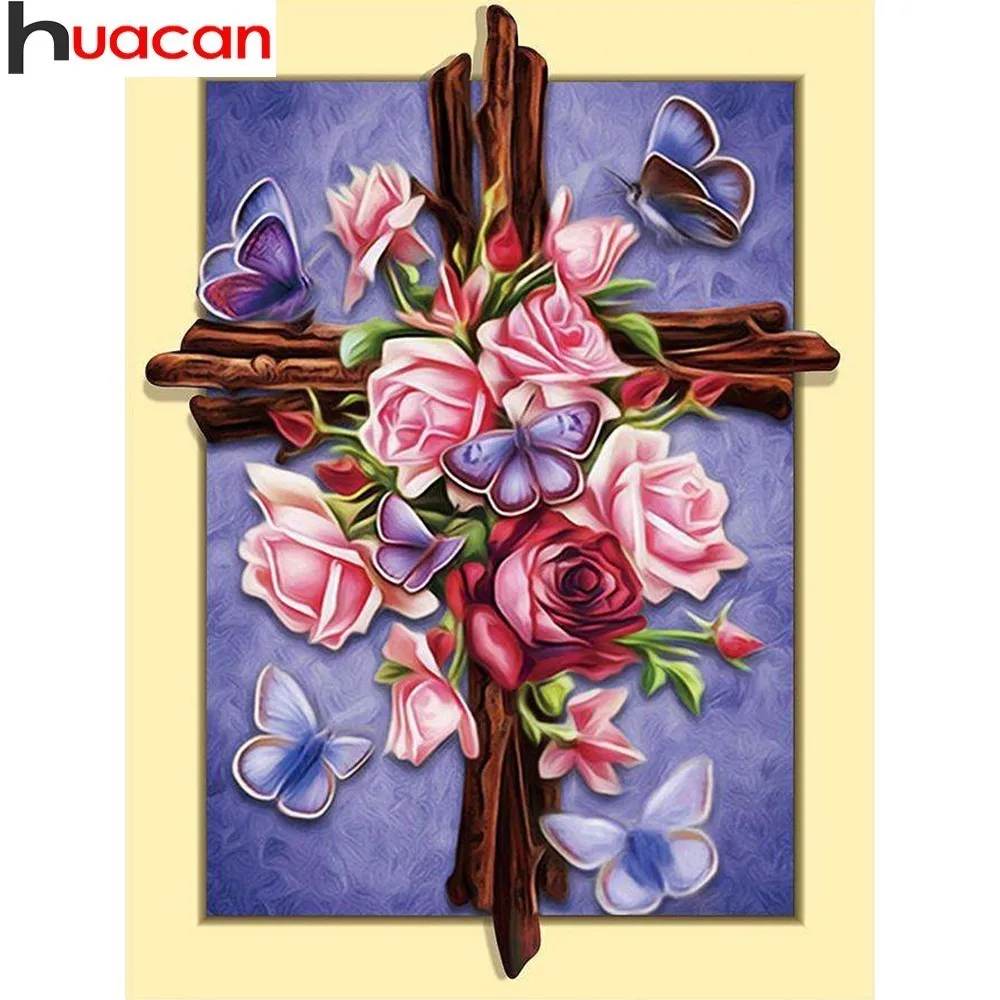 

HUACAN Diamond Embroidery Rose Diamond Painting Religion Full Drill Round Diamond Mosaic Flowers Picture Of Rhinestones