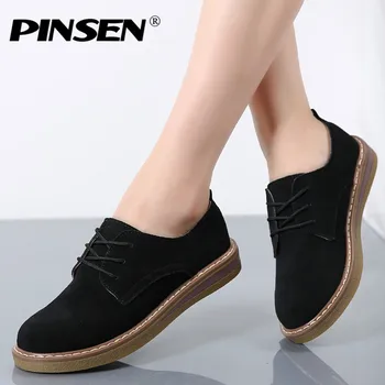 

PINSEN Women Winter Flat Oxfords Shoes Ladies Leather Suede Warm Plush Lace Up Ballerina Platform Shoes Woman Moccasins Creepers