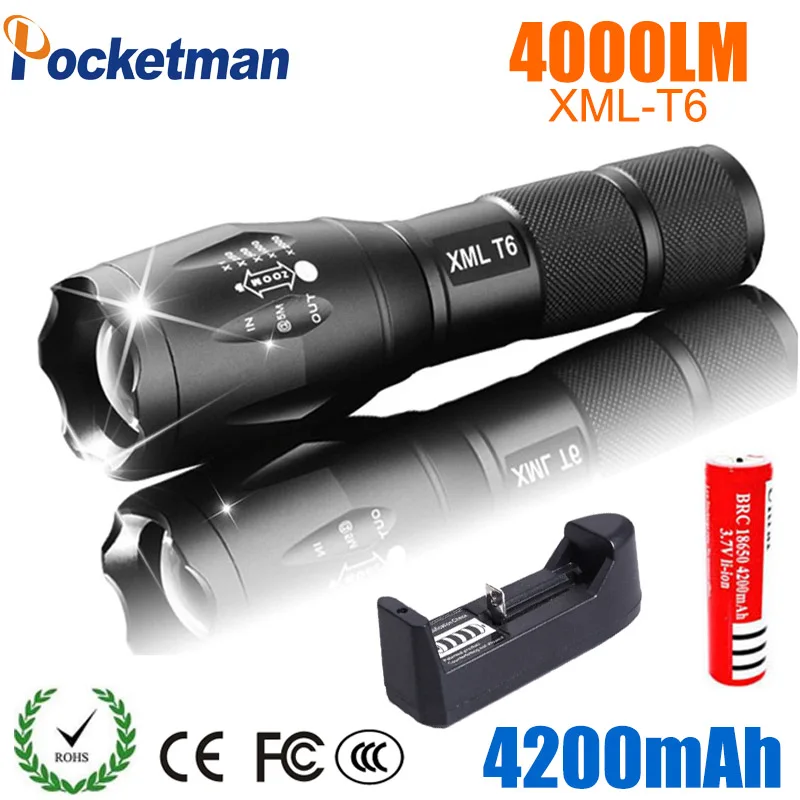LED Rechargeable Flashlight Pocketman XML T6 linterna torch 4000 lumens 18650 Battery Outdoor Camping Powerful Led Flashlight