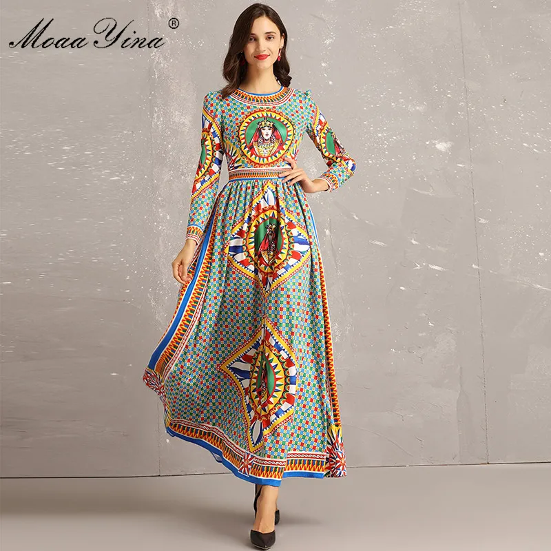 

MoaaYina Autumn Designer Runway Dress Women Long sleeve Plaid pattern Printing Vintage Slim Elegant Maxi Dresses Vestidos
