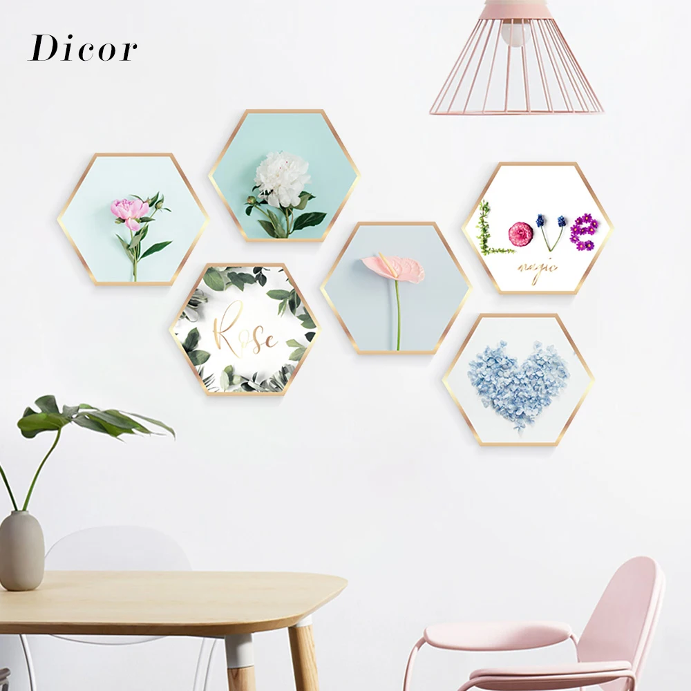 

DICOR 6Pcs/Set Simulation Hexagonal Frame Painting Wall Sticker Flower Modern Artist Home Decor QT1246KJ-6BB/MN