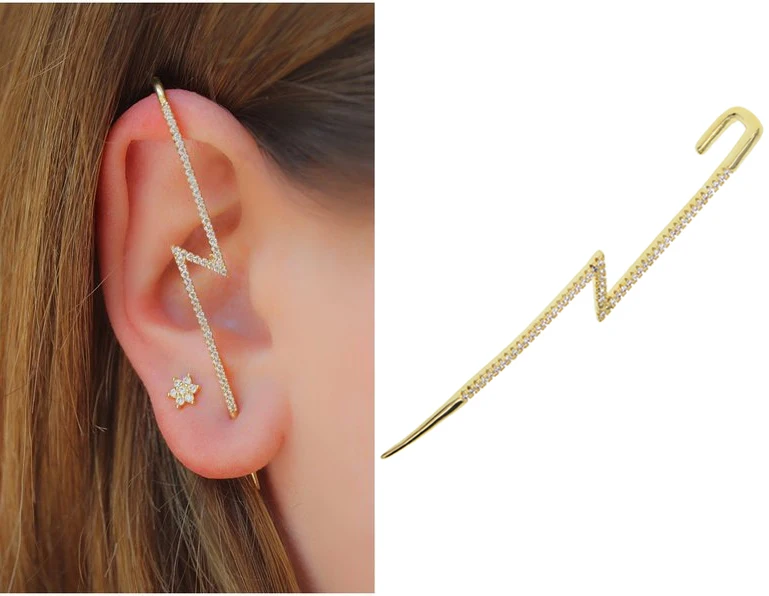 

Clip-on Earring No Pierced Non-piercing Earcuff Ear Clip girls 1pc Flash cz lightning with colorful rainbow cz long cuff earring