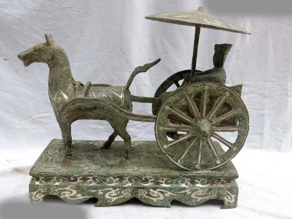 

10" China old bronze silver decorative pattern carved horse-drawn vehicle Statue A(0505)