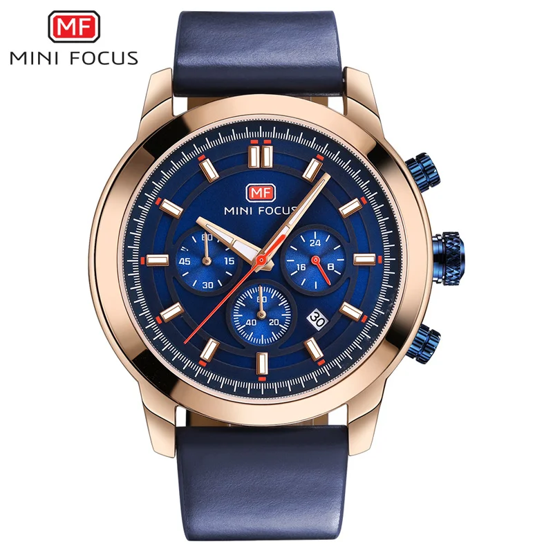 Мини-фокус мужские часы Leathter Хронограф военные часы спортивные Кварцевые водонепроницаемые наручные часы Reloj Hombre часы мужские Relogio - Цвет: blue