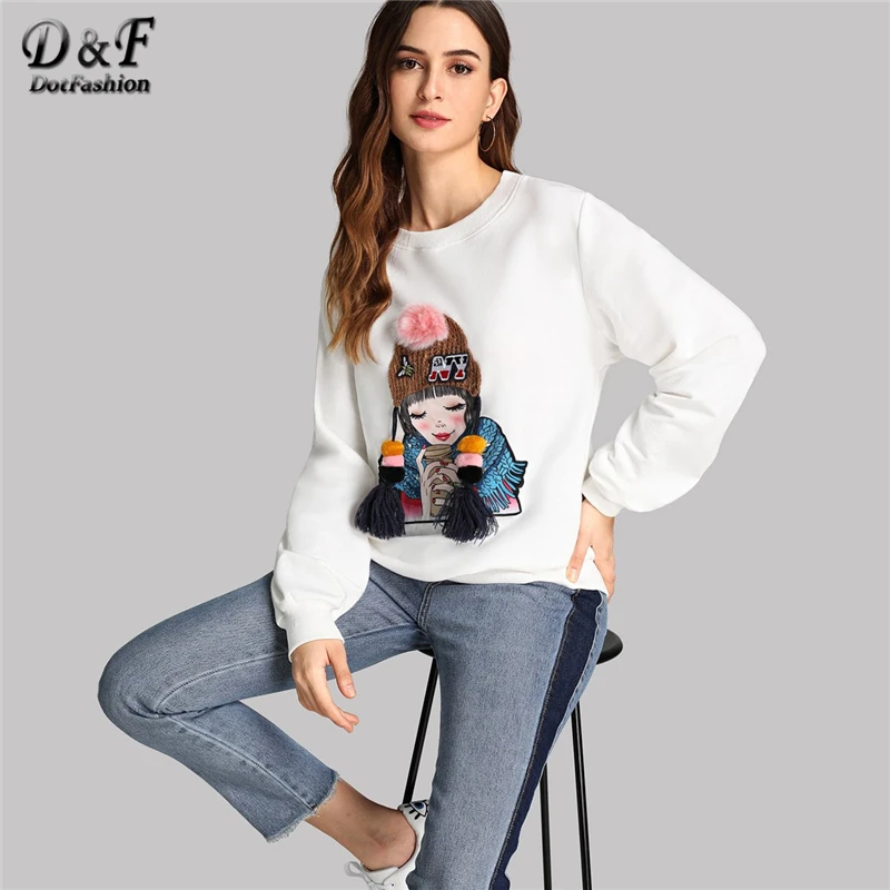 Dotfashion الأبيض شرابة التفاصيل الشكل طباعة السترة عارضة فو الفراء بوم بوم طويل كم بلوزات النساء الخريف الحد الأدنى أعلى