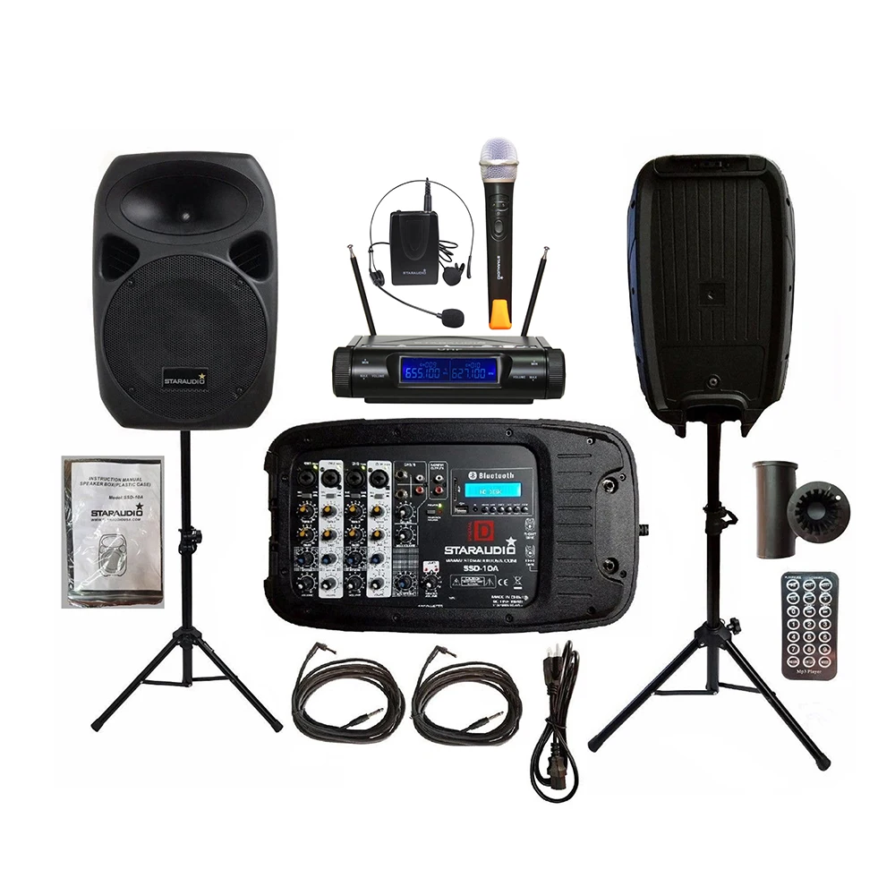 

STARAUDIO Dual 10 Inch 1500W DJ Speakers PA Stands Powered Mixer Cables 2CH UHF Wireless Handheld Headset Microphone Set SSD-10A
