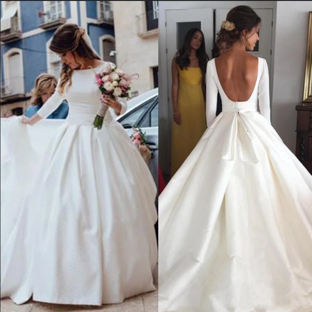 

Simple Wedding Dresses Vintage Satin 3/4 Sleeve A-line Wedding Dress Country Cheap Garden Bridal Gown