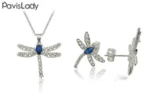 

Pavislady Real 925 Sterling Silver Dragonfly Earring and Necklace Jewelry Sets Center Blue Sapphire Fine Jewelry