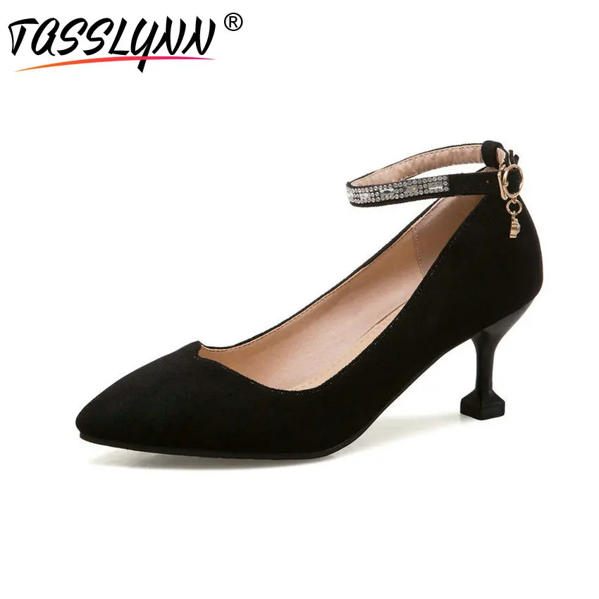 

TASSLYNN 2018 Women Pumps Elegant Decoration Crystal Pointed Toe Suede Shoes Thin Med Heels OL Buckle Strap Shoes Size 34-41