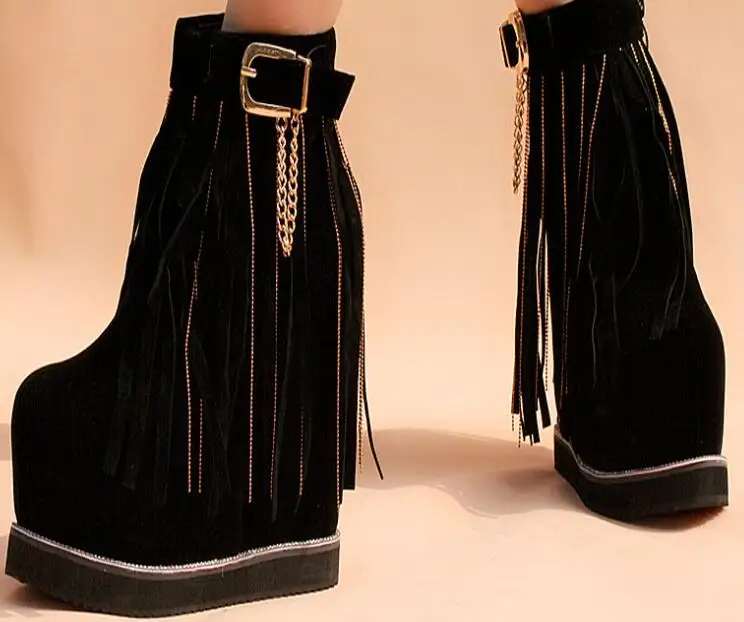 

Winter boots 16CM winter short boots muffin bottom female shoes fringed slope with thick bottom female boots