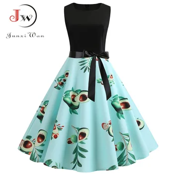 

New Floral Print Women Summer Dress 50s 60s Retro Swing Vintage Dress A-Line Party Dresses with Belt Plus Size Beach Jurken