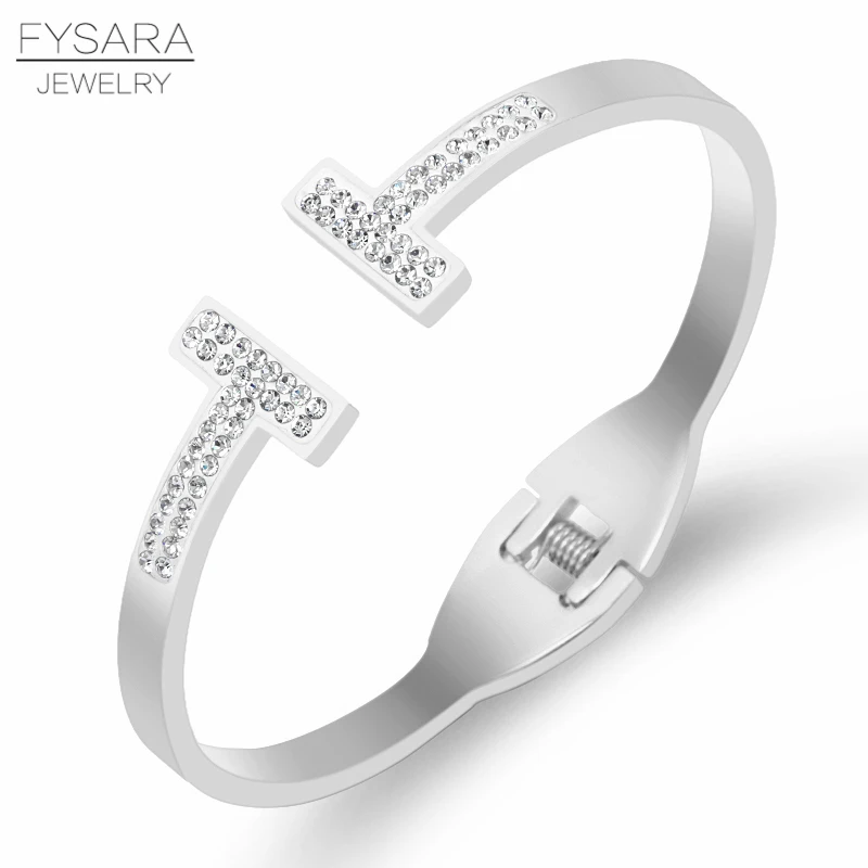 

FYSARA Classic Zirconia Crystals T Bracelets & Bangles For Women Stainless Steel Rose Gold Color Nail Cuff Bracelet Jewelry