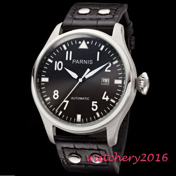 

Newest Hot 47MM Parnis Black Dial Rivets Black Leather Strap Date Stainless Steel Case ST Automatic movement Men's Watches