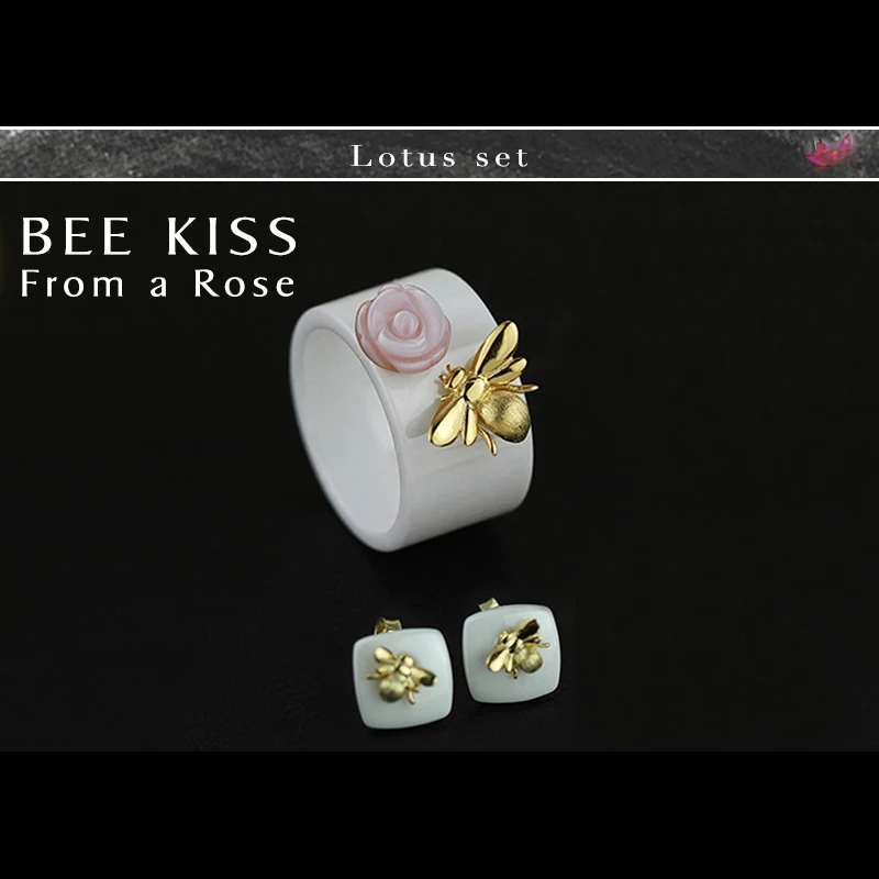 

Lotus Fun Real 925 Sterling Silver Natural Handmade Fine Jewelry Ceramics Cute Bee Kiss from a Rose Jewelry Set for Women Bijoux