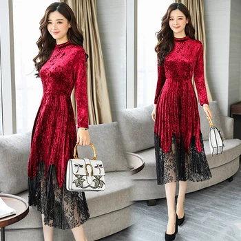 

2017 fall new women lace pleated velvet dress long sleeve a-line o neck long vestidos clothes retro fashion soft clothing S-XL