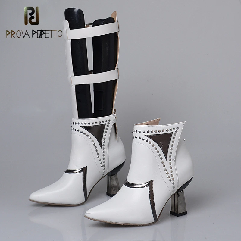 

Prova Perfetto 2018 New Arrival Cow Leather Patchwork Pointer Toe Boots Buckle Strap Hollow Rivets Two Ways Wear Short Boots