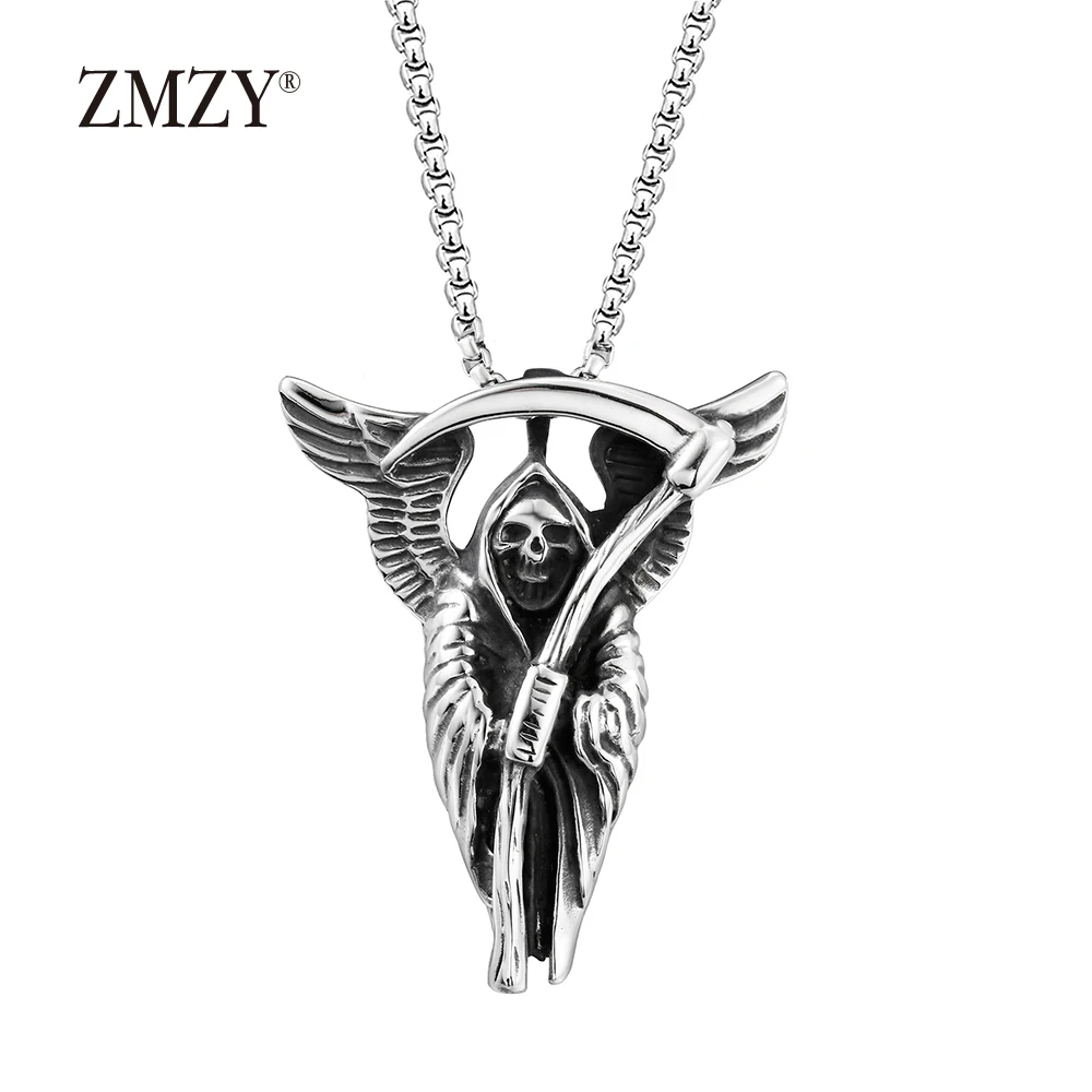 

ZMZY Attract Grim Reaper Necklace Pendant Stainless Steel Men Vintage Skull Sickle Charm Necklace Hallowmas Jewelry Gift