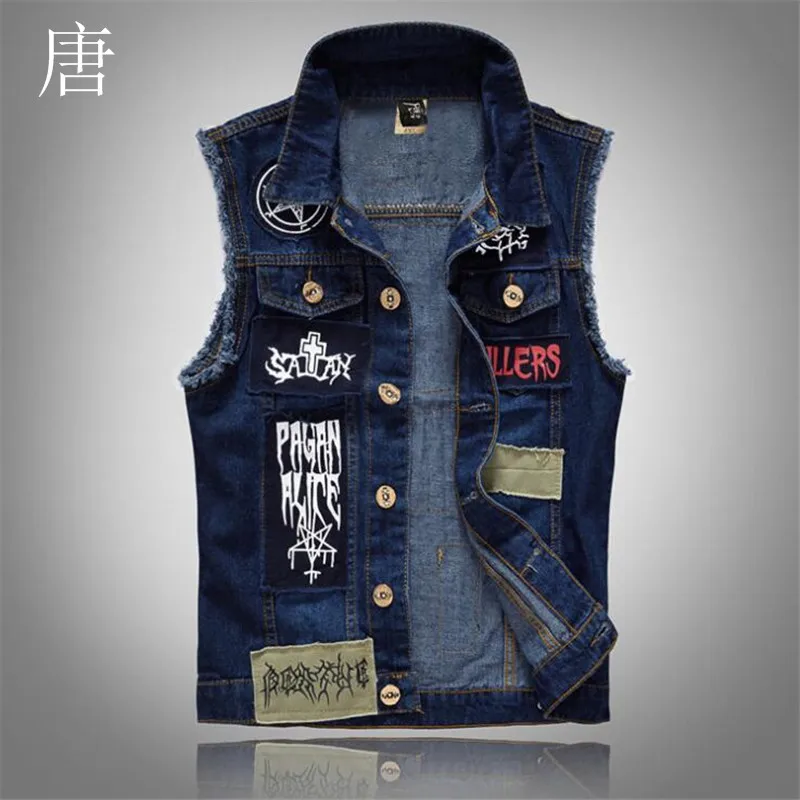

Tang cool 2019 Fashion Denim Vest Patchwork Embroidery Jeans Waistcoat Men's Slim fit Sleeveless Jackets 8839