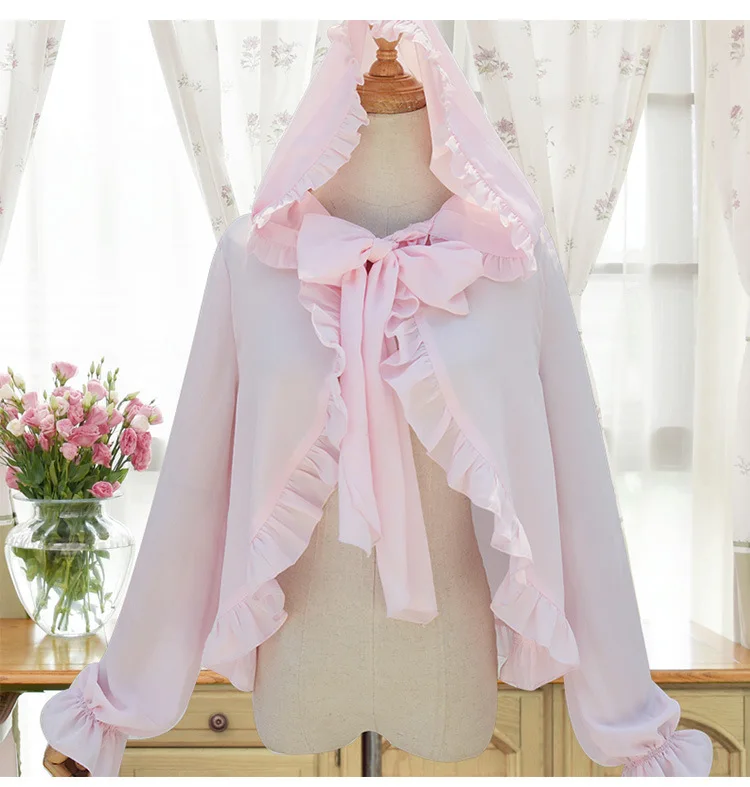 

Sweet Long Sleeve Women's Hooded Chiffon Top Ruffled Chiffon Blouse