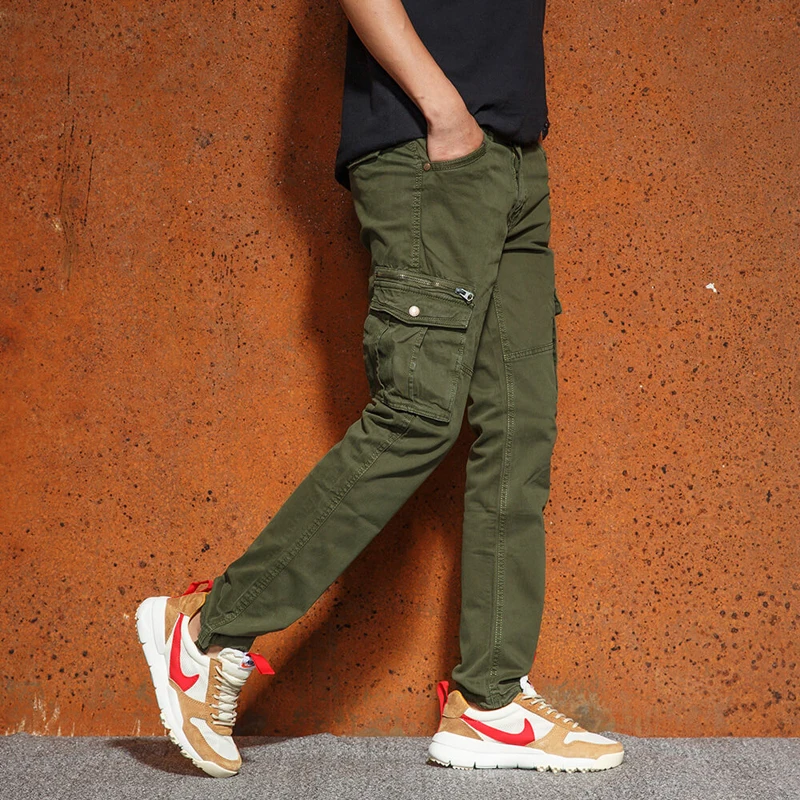 Весенне-осенние мужские хлопковые брюки карго цвета хаки, повседневные, с несколькими карманами, для мужчин, для улицы, высокое качество, длинные брюки, облегающие, G3535