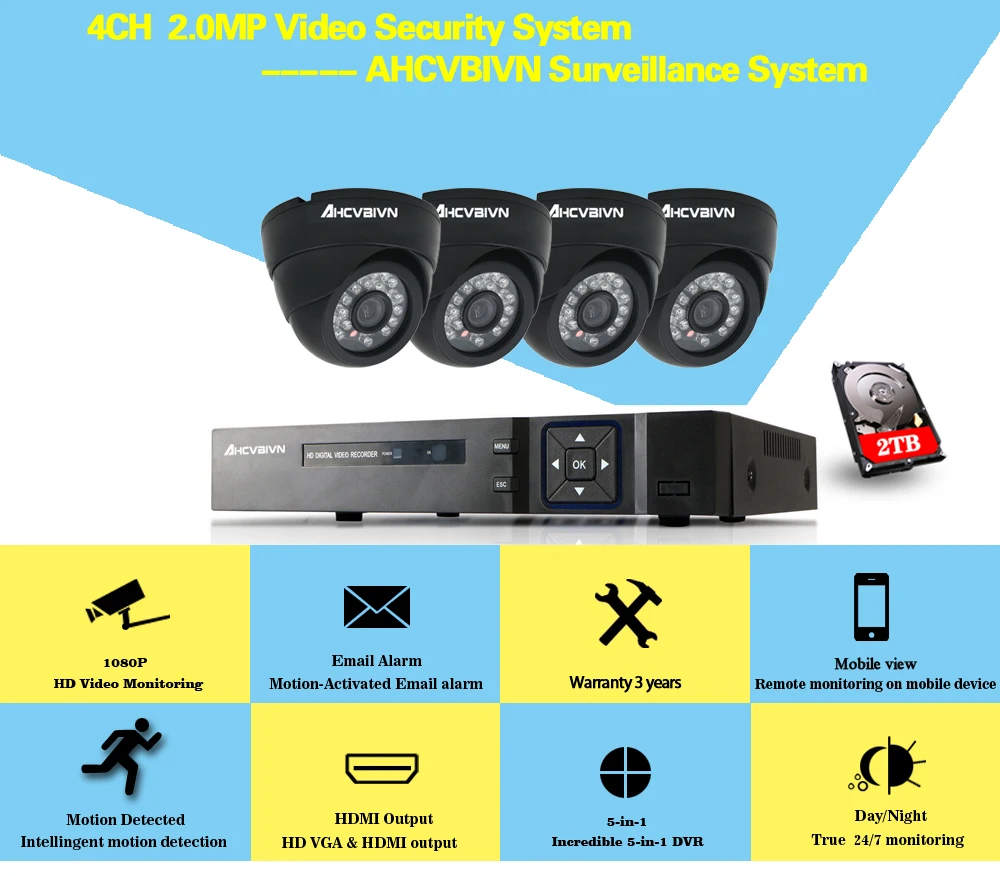 AHD 4CH CCTV Системы полный 1080 P/720 P HDMI DVR Onvif 720 P 2000TVL AHD CCTV Камера набор Главная Безопасность Системы наблюдения комплект 1 ТБ