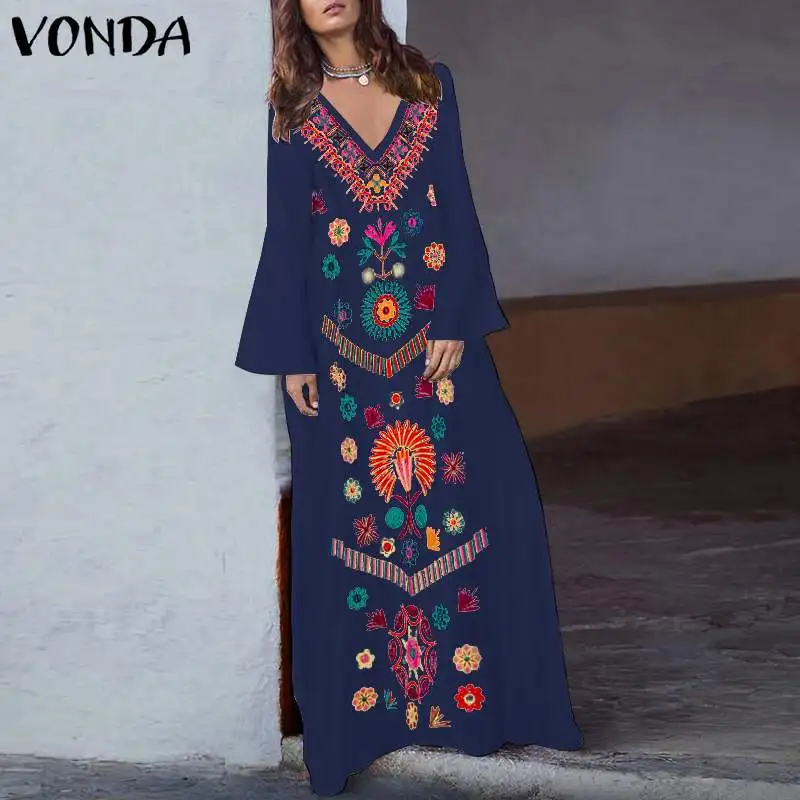 

Maxi Dresses 2019 VONDA Sexy V Neck Long Flare Sleeve Women Printed Pregnancy Dress Casual Loose Vintage Party Sundress 5XL