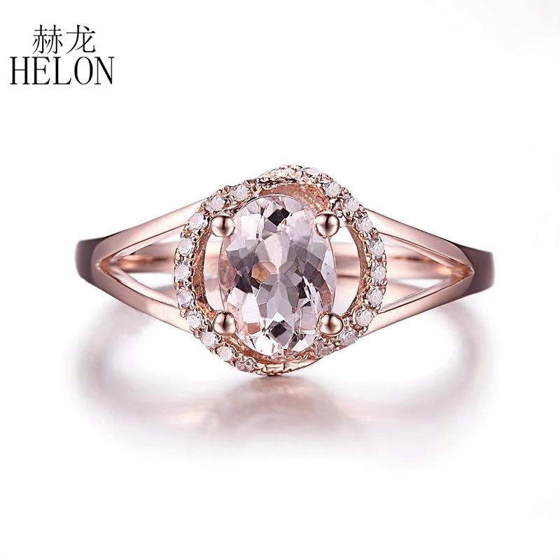 

HELON Solid 10k Rose Gold Oval 7x5mm Morganite Natural Diamonds Gift Engagement Ring Wedding Gemstone Anniversary Diamonds Ring