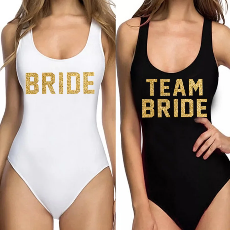 Katı Mayo Kadın Tek Parça Mayo Takım Gelin Glitter Altın Ön ve Arka Baskı Bodysuit Bekarlığa Veda Partisi Bikini