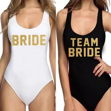 Katı Mayo Kadın Tek Parça Mayo Takım Gelin Glitter Altın Ön ve Arka Baskı Bodysuit Bekarlığa Veda Partisi Bikini