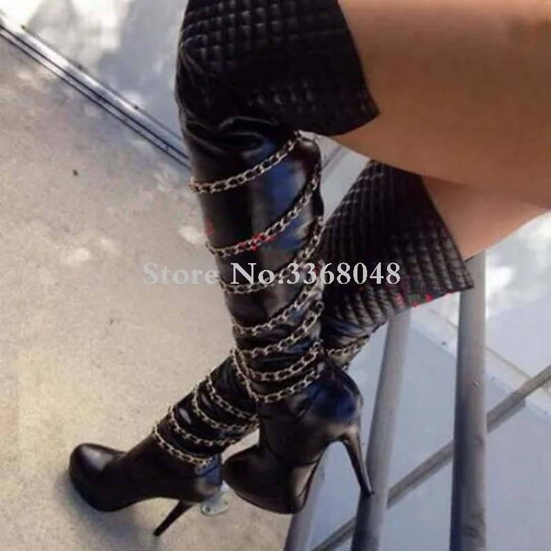 Mujeres Tacones Hasta Vestido Sobre Botas Motocicleta Rodilla De Estilo Finos Moda La Cadenas Muslo Punky Cuero Sexy Picture As Plataforma Alta TtnOFZq