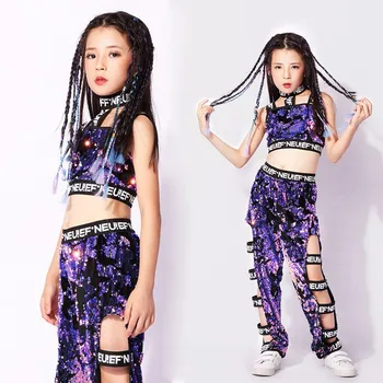 

Kids Dance Costumes Sequin Jazz Stage Outfits Girls Hiphop Clothes Purple Dancing Wear Street Dance Performance Clothing DC1001