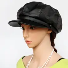 Подлинная первый слой овечья кожа женщина черный Газетчик шляпа художника кепки 56 58 60 см зима досуг теплая одежда S450
