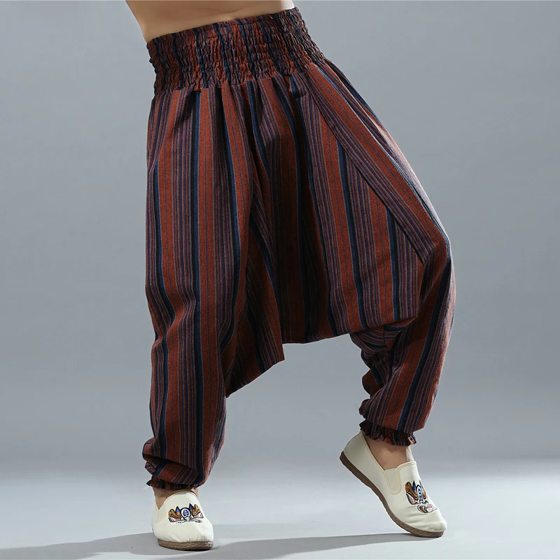 Elastic Waist Men Cotton Linen Stripe Big Crotch Pants Hippy Aladdin ...