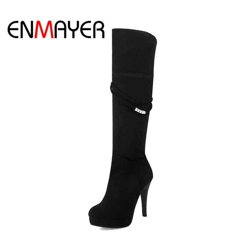 

ENMAYER Fashion Women Boots Over-the-Knee boots for women Flock round toe high heel boots Big size 34-43 ZYL617