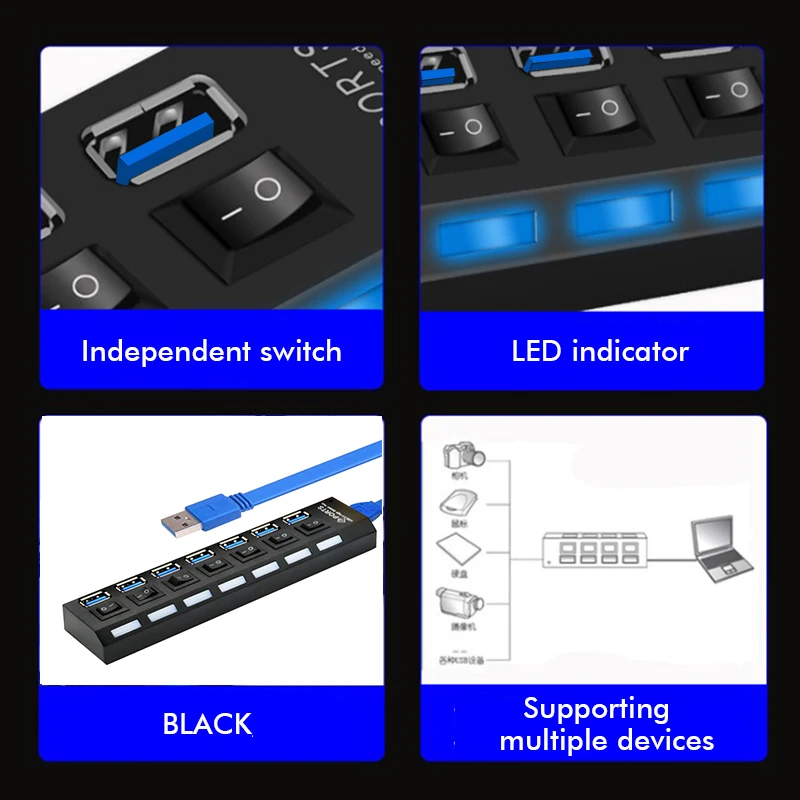 USB 3,0 концентратор 4/7 порт несколько USB концентратор высокая скорость 5 Гбит/с вкл/выкл. Переключатель USB сплиттер с адаптером питания usb 3 концентратор для ПК ноутбука