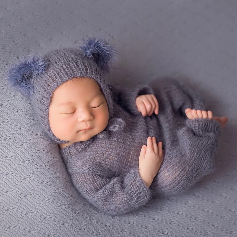 Пушистый комбинезон с капюшоном вязаный ангорковый Мягкий головной убор и детский комбинезончик с носочками полный комплект новорожденных реквизит для фотосъемки
