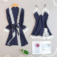 Очаровательный кружевной отделкой Для женщин халат комплект сексуальное платье с длинным рукавом, 2 вещи в комплекте, одежда для сна, лаунж-кимоно Банный халат ночная рубашка; одежда для сна, одежда для сна, M, L, XL