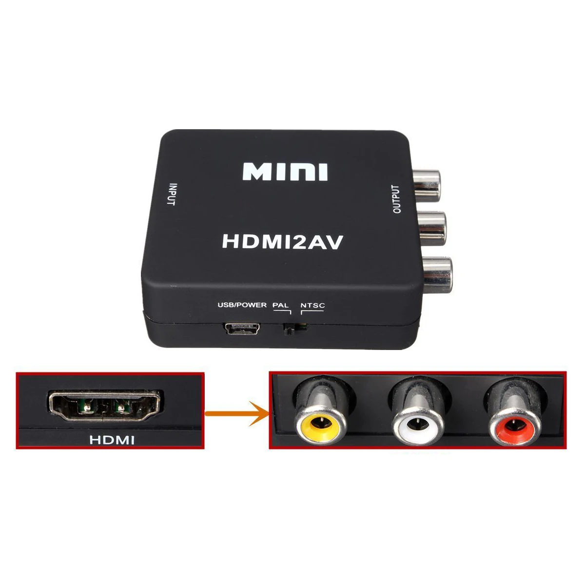 MINI HDMI to 3RCA CVBS Composite Video AV Converter Adapter TV P S3 VHS VCR DVD Black on