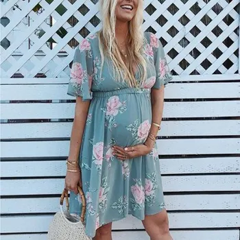 

Sexy Maternity Dresses Short Sleeve Pregnancy Clothes 2020 Summer V-neck Floral Printed Dress For Pregnant Women Sundress M18#3