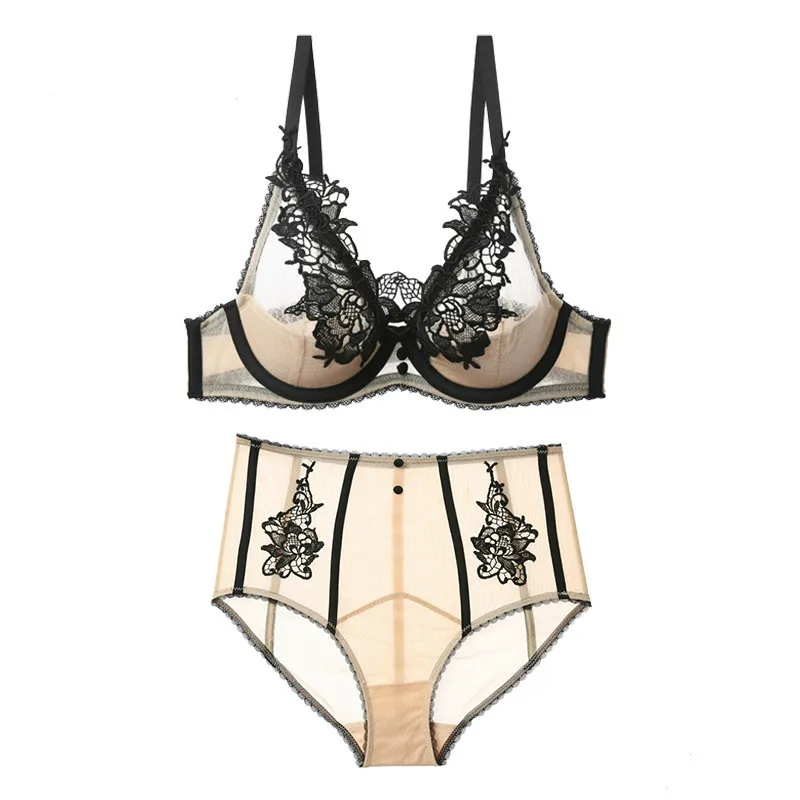 

Half Transparent Women Sexy Lace Embroidery Bra and Panty Sets Push Up Brassiere Seamless High Waist Female Lingerie Bra Set