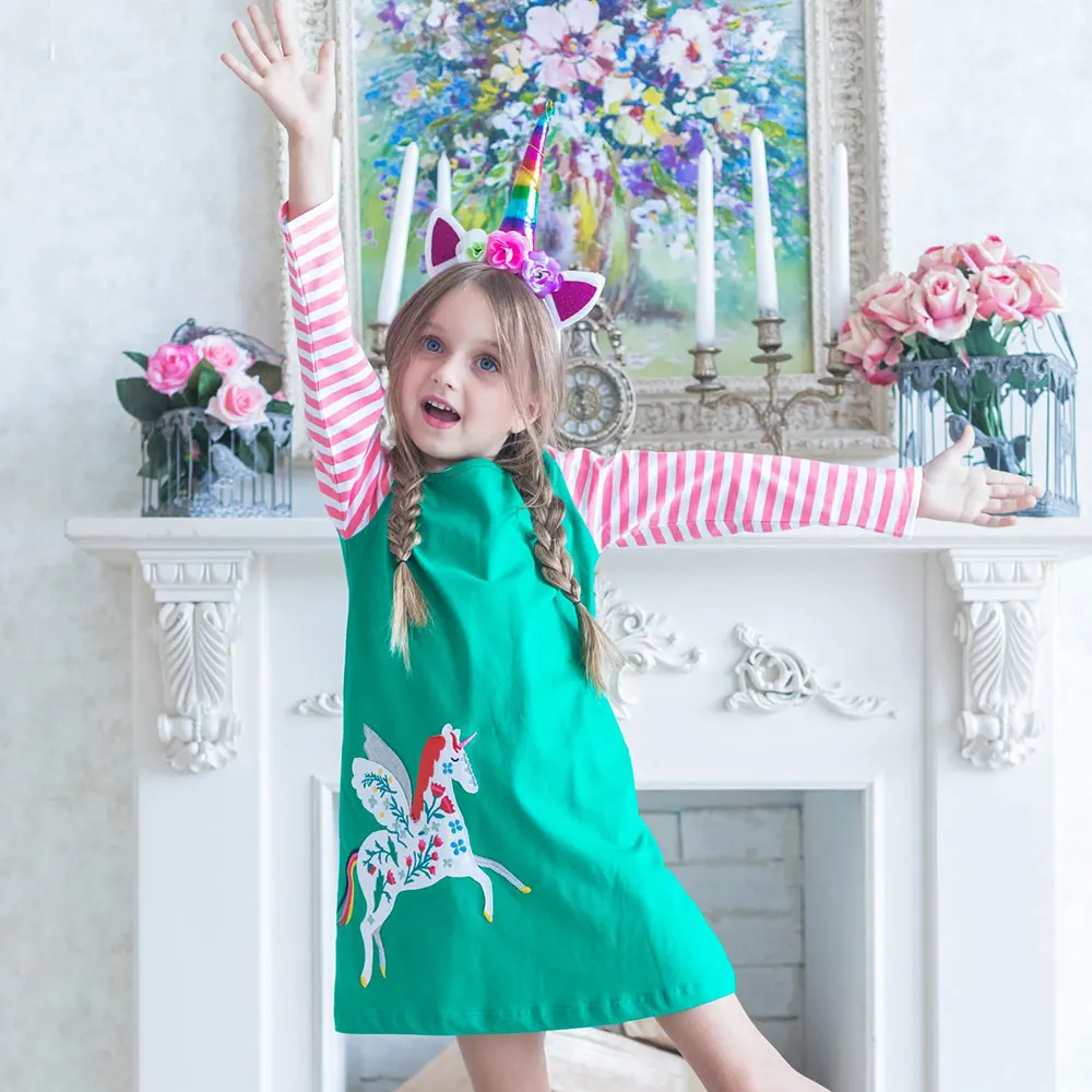 

Baby Girl Clothes Girls Unicorn Dress Long Sleeve Princess Dress Animals Appliqued 2018 Autumn Winter Kids Dresses for Girl