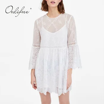 

Ordifree 2019 Summer White Lace Dress Long Sleeve 2 Piece Set Women Sexy Mini Embroidery Dress Short Tunic Beach Dress
