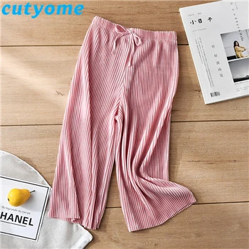 Summer Girl Wide Leg Pant Toddler Kids Casual Loose Trouser Child Pleated Chiffon Pants Teenage Girls Clothing Leggings 12 13 14 - Color: Pink