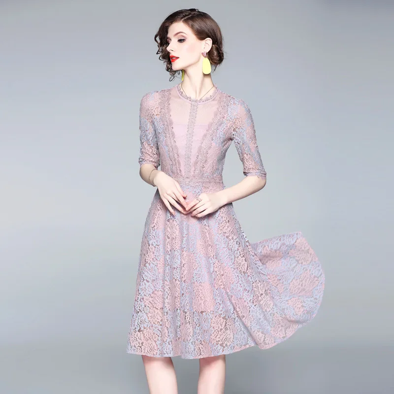 Online Verano 2019 nuevos vestidos de encaje de doble color Sexy de malla de longitud media en forma de A de europeo y vestido de mujer famosa americana