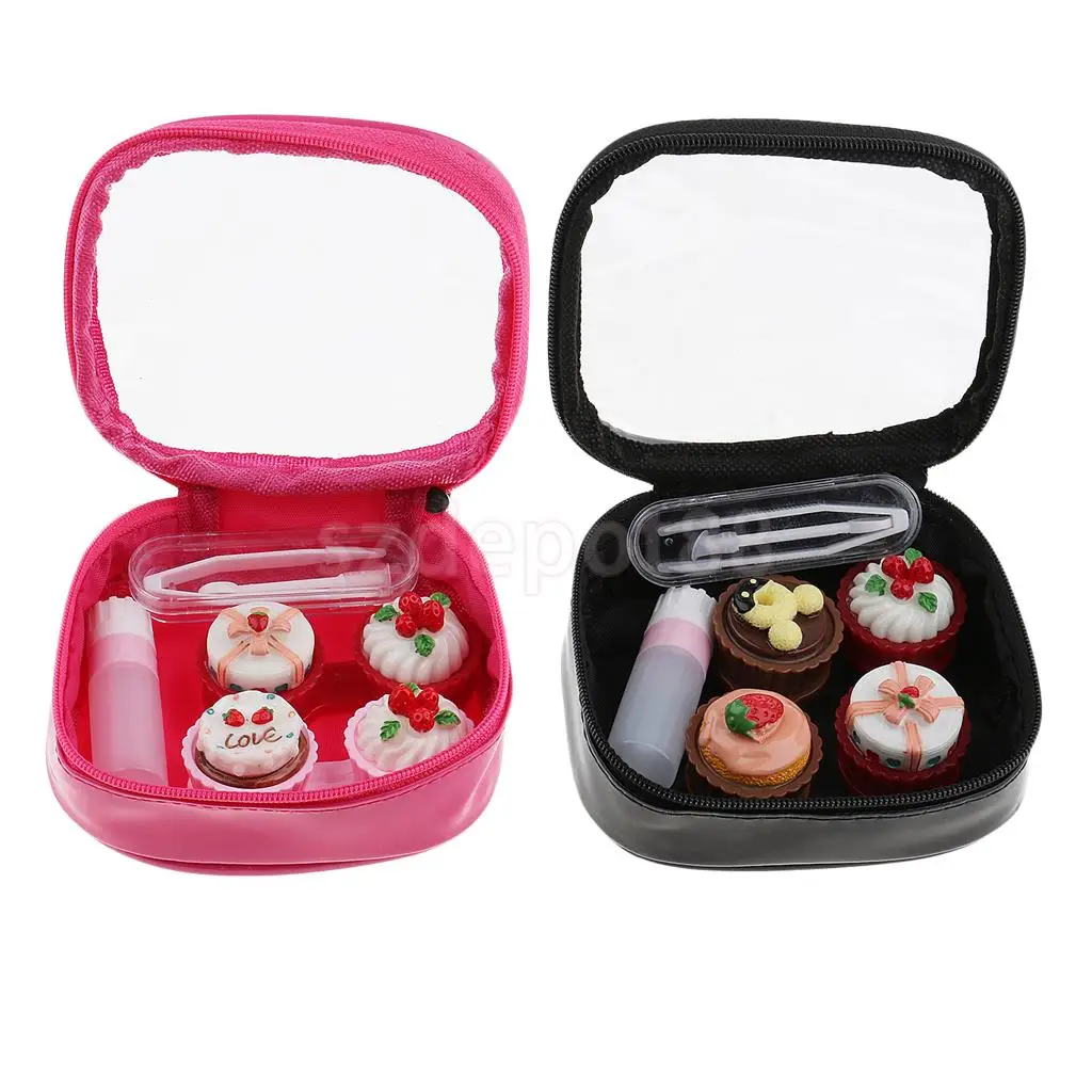 2 Set Mini Contact Lens Box Travel Cartoon Cute Cream Cake Contact Lenses Holder with Storage Zipper Pouch Black/ Rose Red