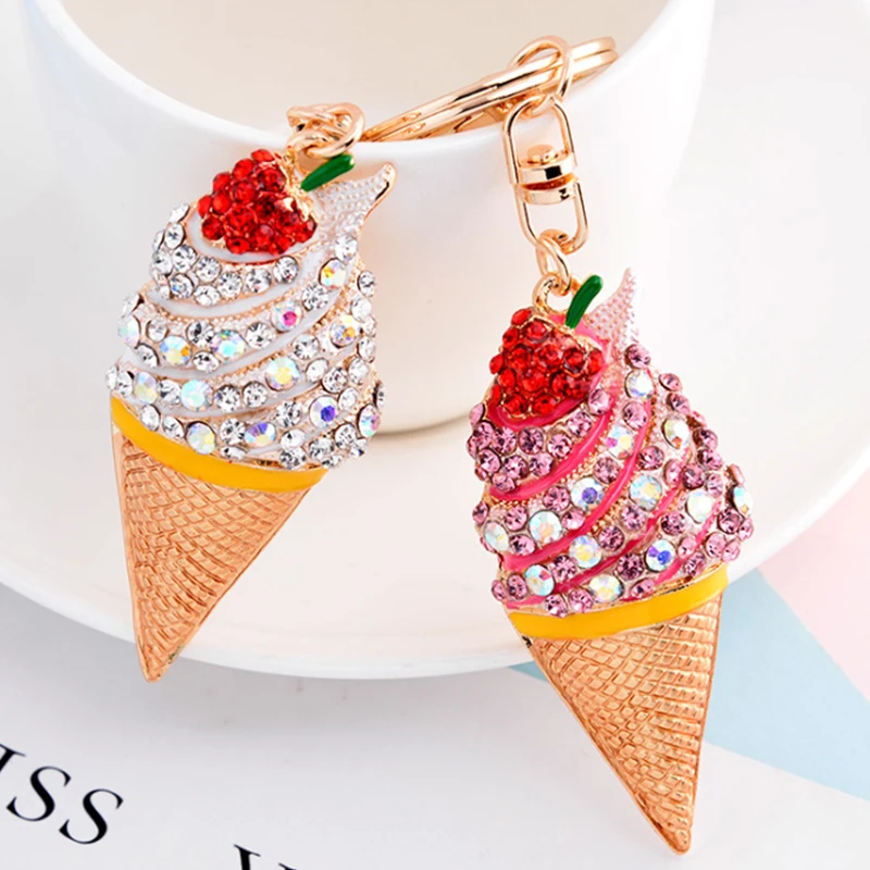 

New Creative Crystal Ice Cream Keychain Women Bags Accessories Pendants Car Key Chain Key Ring Toy Gifts Llaveros Jewelry Gifts