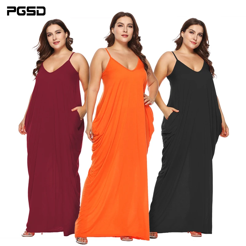 

PGSD Simple Fashion Pure Colored Big size Women Clothes Sexy beach irregular deepV low chest pocket Sling Long Dress female XXXL