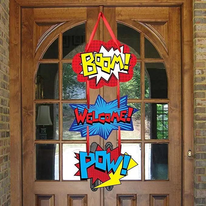 

Superhero Themed Door Welcome Hanger Sign Party Supplies BOOM POW Room Hanging for Kid Birthday Party Decorations Favor