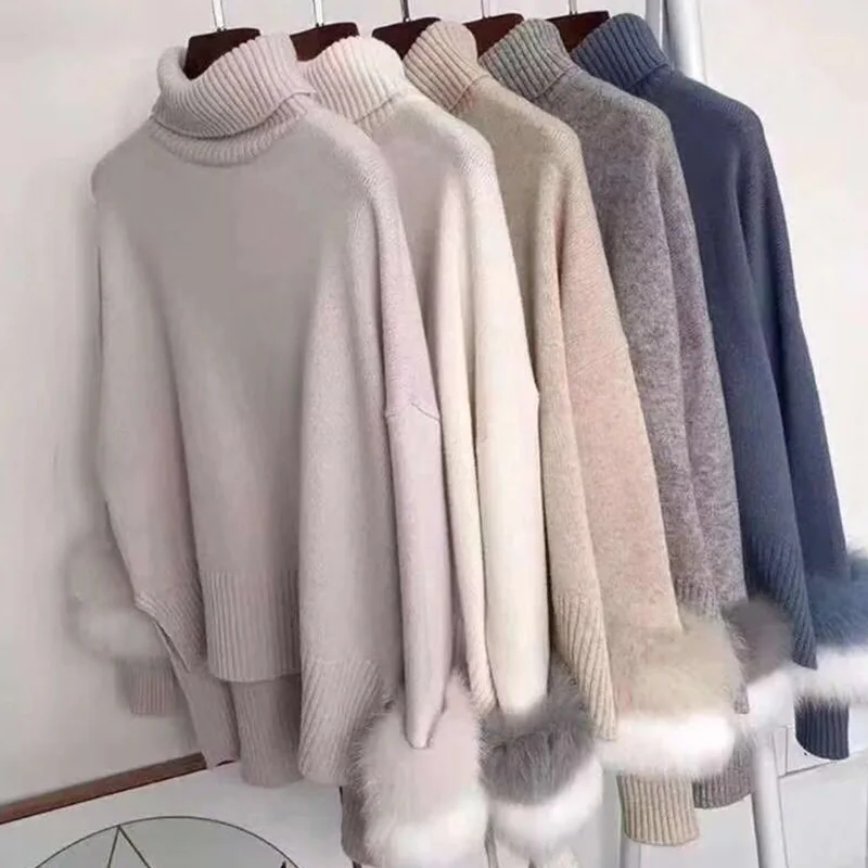 

Sweet Turtleneck Faux Mink Fur Spliced Long Sleeved Sweater Knitted Shirts Imitation Fur Striped Pullovers Irregular Hem Tops